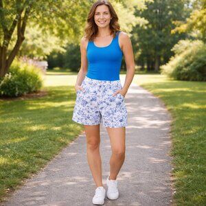 Adrienne Vittadini White Shorts with Blue Floral Print, Size 10